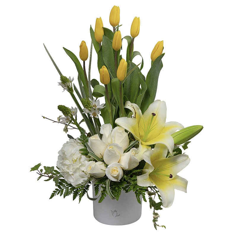 Elegant Arrangement of Tulips, Roses, Lilies on a Ceramic Base