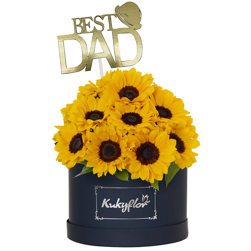 Hat box of 10 sunflowers + topper the best dad