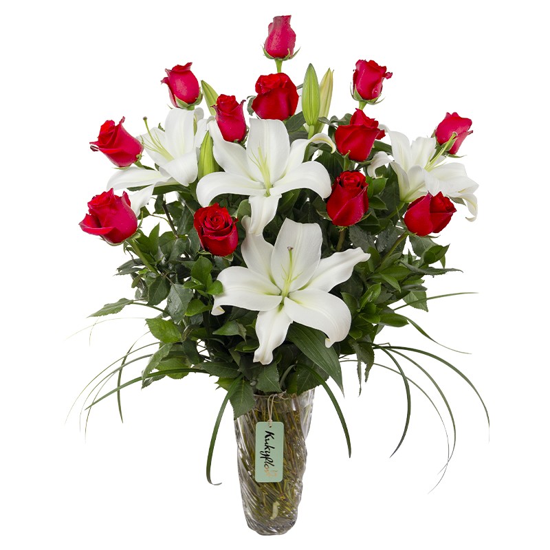 Arrangement of 12 roses and lilies in a vase