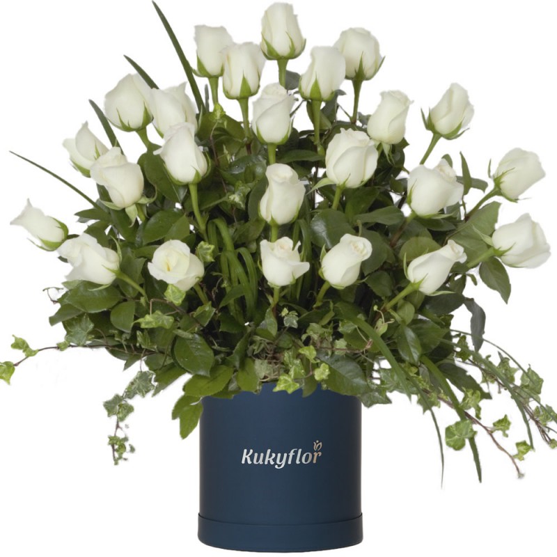 Hat Box of 24 White Roses