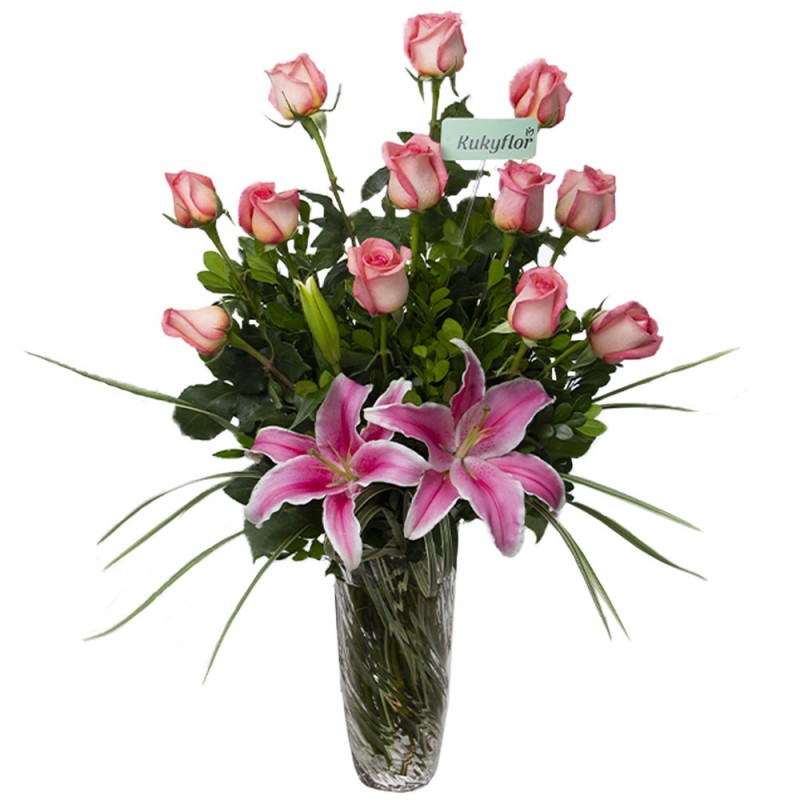 Arrangement of 12 roses and lilies in a vase