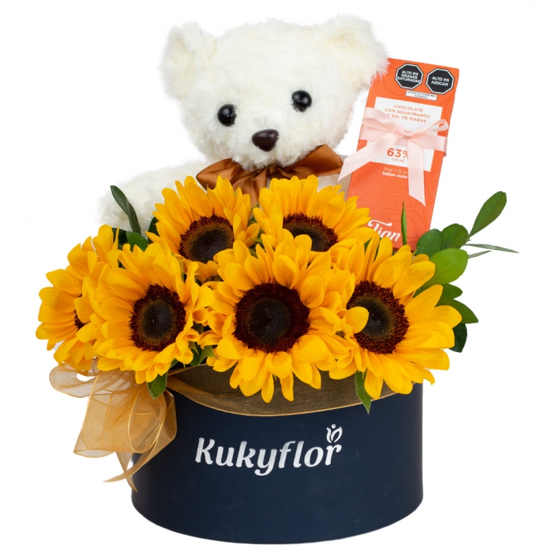 Hat Box of 6 Sunflowers, Bear and Chocolate