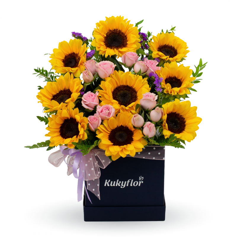 9 Girasoles con mini rosas Box Top