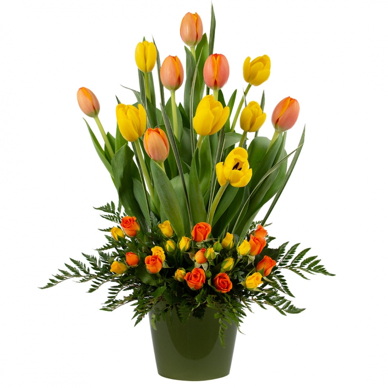 Arrangement of 12 tulips and mini roses on a ceramic base