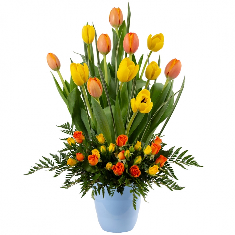 Arrangement of 12 tulips and mini roses on a ceramic base