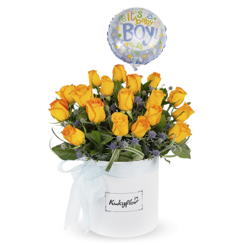 Box of yellow roses with child balloon.