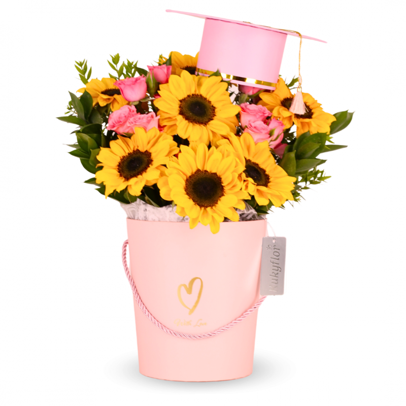 Sunflower hatbox with mini rose