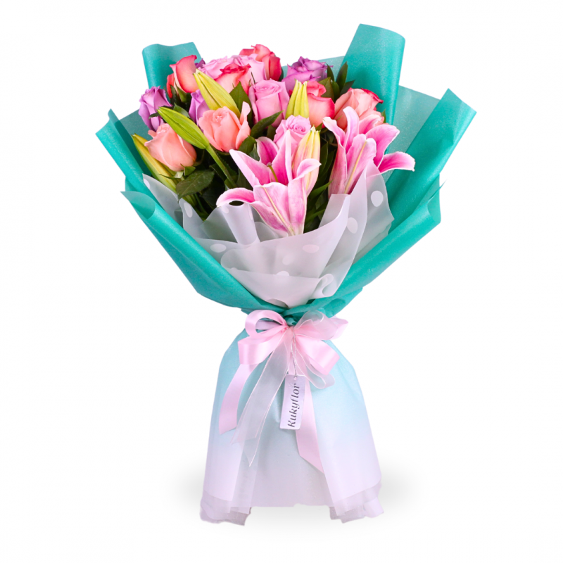 Bouquet of 18 roses with scented lilium