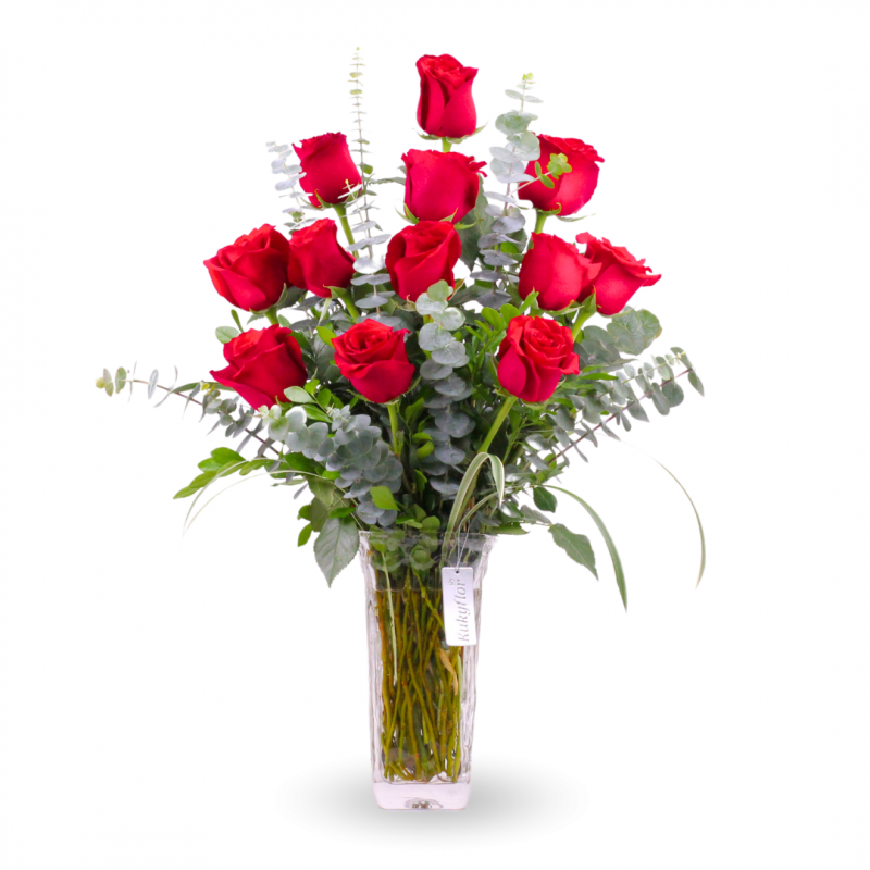 Arrangement of 12 red roses in a vase