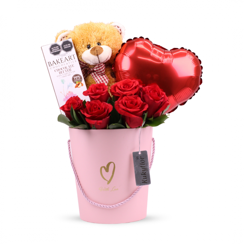 Hat Box 6 Roses + Bear + Chocolate + Balloon Valentine's Day Gift