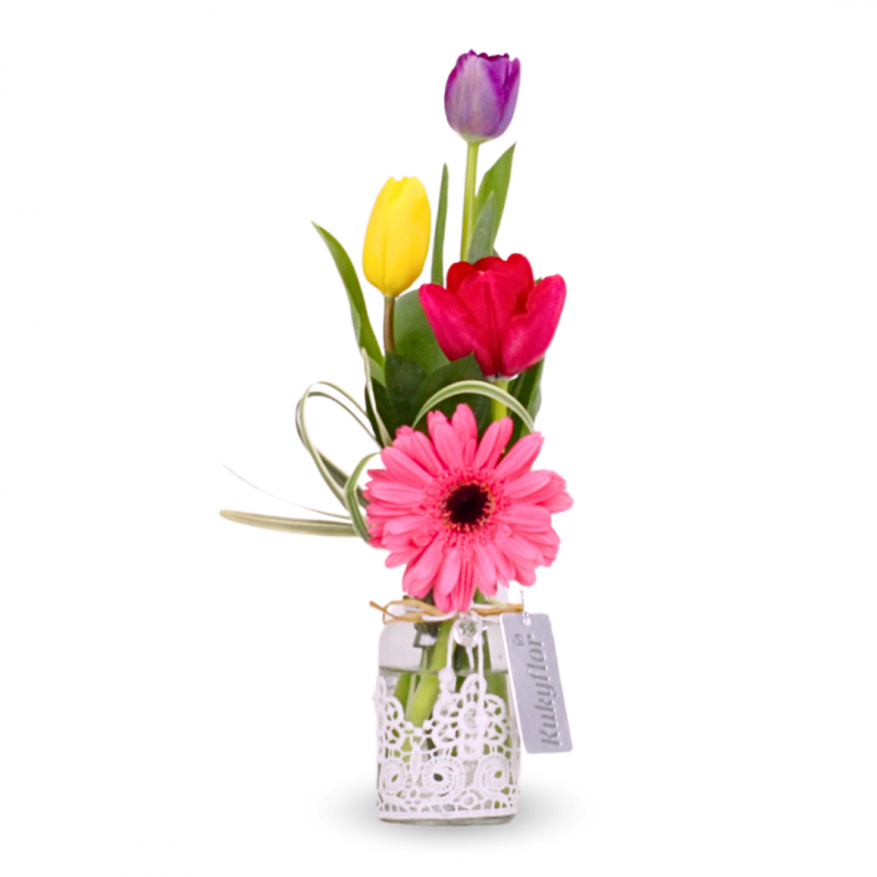 Arrangement of 3 tulips with mini gerbera