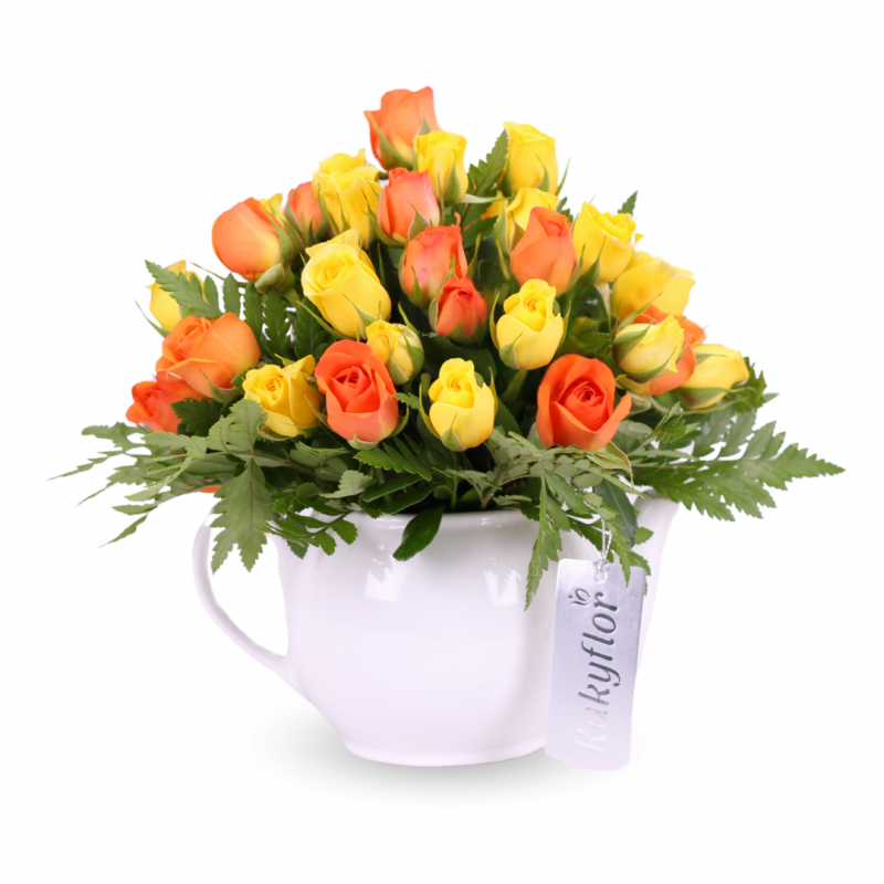 Tetera de mini rosas amarillo y naranja-D